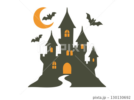 ハロウィンのおばけ屋敷とこうもりのイラスト 130130692