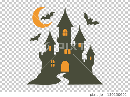 ハロウィンのおばけ屋敷とこうもりのイラスト 130130692