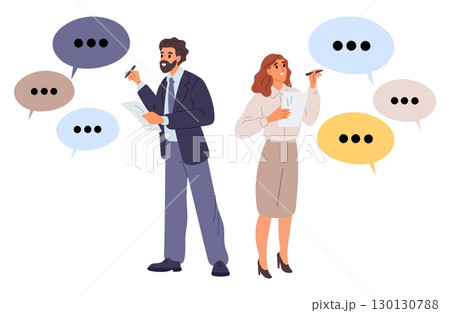 Woman and man record clients request or opinion for discussion and consideration. Customers feedback. People with speech bubbles. Service questionnaire. Business survey. Vector concept 130130788