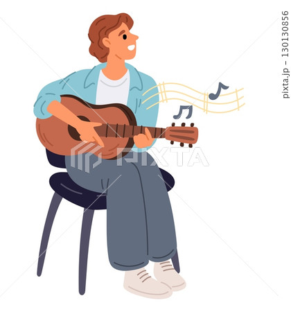 Young guy plays guitar and sings sing. Man makes music. Guitarist sitting on chair. Musical acoustic instrument. Happy musician. Entertainment concert. Melody teaching. Vector concept 130130856