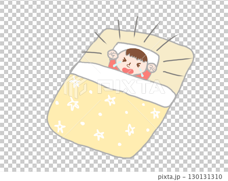 布団で眠て泣きわめく赤ちゃん 130131310