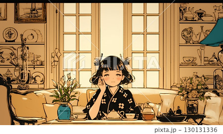 リビングで紅茶を飲んでいる女性（シンプルな色使い）