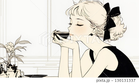 リビングで紅茶を飲んでいる女性（シンプルな色使い）