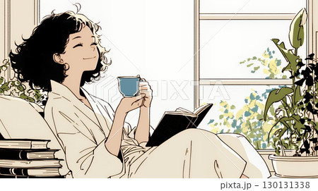 リビングで紅茶を飲んでいる女性（シンプルな色使い）