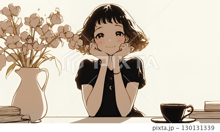 リビングで紅茶を飲んでいる女性（シンプルな色使い）