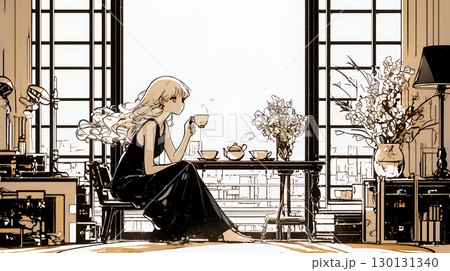 リビングで紅茶を飲んでいる女性（シンプルな色使い）