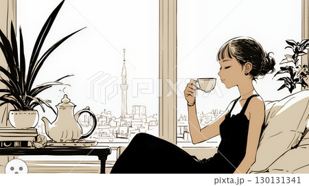 リビングで紅茶を飲んでいる女性（シンプルな色使い）
