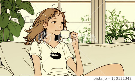リビングで紅茶を飲んでいる女性（シンプルな色使い）