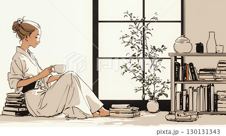 リビングで紅茶を飲んでいる女性（シンプルな色使い）