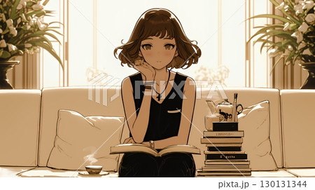 リビングで紅茶を飲んでいる女性（シンプルな色使い）