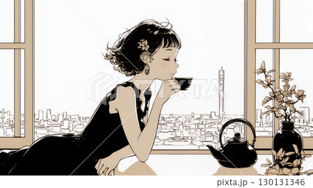 リビングで紅茶を飲んでいる女性（シンプルな色使い）