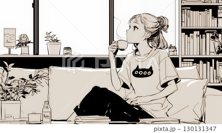 リビングで紅茶を飲んでいる女性（シンプルな色使い）