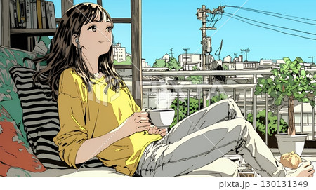 リビングで紅茶を飲んでいる女性