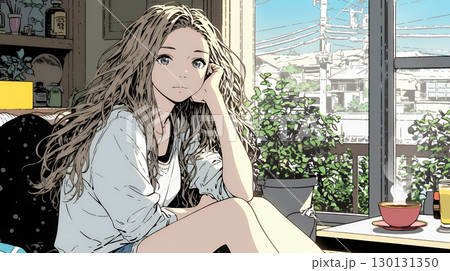 リビングで紅茶を飲んでいる女性