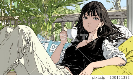 リビングで紅茶を飲んでいる女性