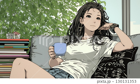 リビングで紅茶を飲んでいる女性