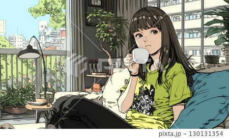 リビングで紅茶を飲んでいる女性