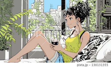 リビングで紅茶を飲んでいる女性