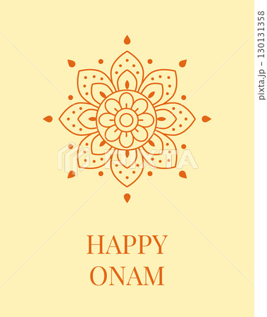 Floral mandala design with Happy Onam greeting in orange on yellow background perfect for festival celebration decoration and traditional Indian holiday design 130131358