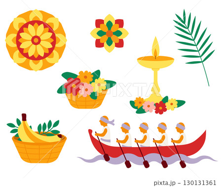 Colorful Onam festival elements with boat race, banana basket, floral rangoli, lamp, flowers and palm leaf traditional Kerala celebration decoration vector illustration 130131361