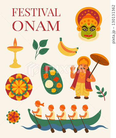 Colorful Onam festival illustration with boat race, Kathakali mask, King Mahabali, banana leaf meal, rangoli and lamp representing traditional Kerala celebration 130131362