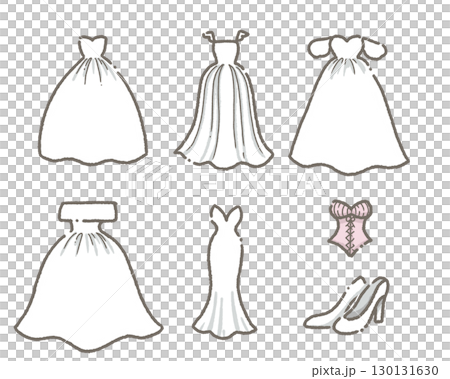 手描きのウエディングドレスイラストセット 130131630
