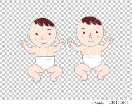 穿著尿布的雙胞胎嬰兒排成一排的插圖 130131662