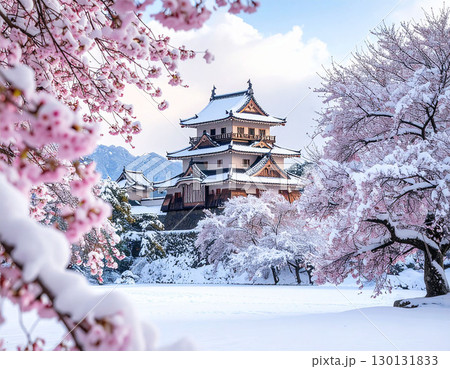 桜と雪に包まれた日本の伝統的なお城 桜と雪に包まれた日本の伝統的なお城 130131833