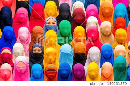 A vibrant collection of hijabs showcasing diverse colors and styles. 130131870