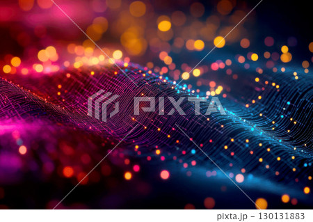Colorful digital wave with glowing lights and vibrant patterns. 130131883