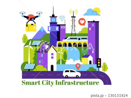 Smart City Infrastructure Illustration featuring an Urban Landscape with Buildings, Skyscrapers, Transportation, Internet, and Future Technology Smart City Infrastructure Illustration featuring an Urban Landscape with Buildings, Skyscrapers, Transportation, Internet, and Future Technology 130131924