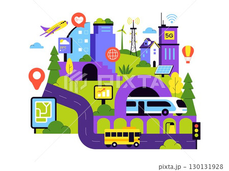 Smart City Infrastructure Illustration featuring an Urban Landscape with Buildings, Skyscrapers, Transportation, Internet, and Future Technology 130131928