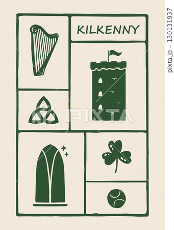 Vector illustration of Kilkenny city symbols with shamrock, harp, tower in minimalist flat style for travel, poster, decoration 130131937