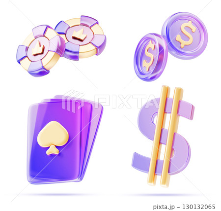 Glass holographic casino slot game icon. Render 3d set of gambling ui elements. Neon poker chips, tokens with golden crown, purple playing cards, coins, dollar sign. Bet and win money. 3D illustration Glass holographic casino slot game icon. Render 3d set of gambling ui elements. Neon poker chips, tokens with golden crown, purple playing cards, coins, dollar sign. Bet and win money. 3D illustration 130132065