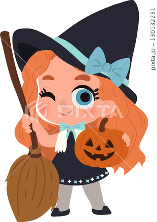 child in halloween witch costume with broom and jack o lantern for halloween holiday child in halloween witch costume with broom and jack o lantern for halloween holiday 130132281