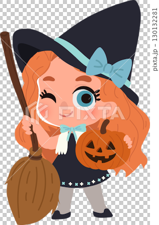 child in halloween witch costume with broom and jack o lantern for halloween holiday child in halloween witch costume with broom and jack o lantern for halloween holiday 130132281