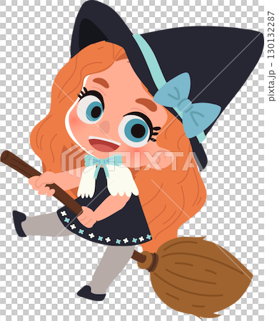 cute halloween witch.child in witch hat and broom festive cartoon art for kids halloween party 130132287