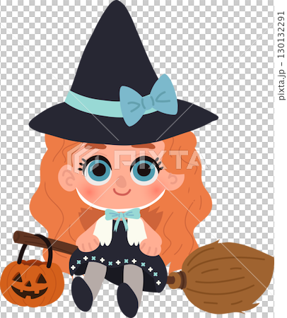 A cute girl dressed as a witch holding a pumpkin basket and broom for halloween celebrations 130132291