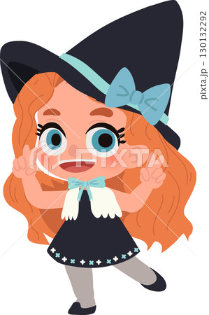 adorable halloween witch girl illustration smiling child character in costume with big hat and bow 130132292