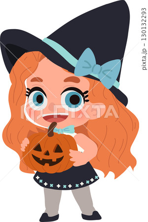 a cute girl dressed as a witch holding a carved pumpkin jack o lantern. trick or treat 130132293