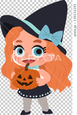 a cute girl dressed as a witch holding a carved pumpkin jack o lantern. trick or treat 130132293