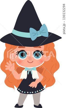 Cute little girl dressed as a witch in a charming halloween costume with magic hat 130132294