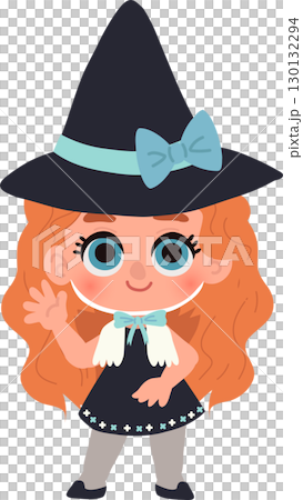 Cute little girl dressed as a witch in a charming halloween costume with magic hat 130132294