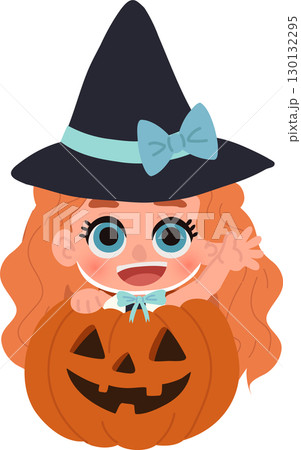 cute child in witch costume with pumpkin smiling for halloween celebration october holiday 130132295