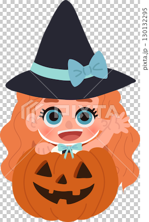 cute child in witch costume with pumpkin smiling for halloween celebration october holiday 130132295
