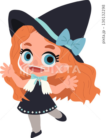 a cute little girl dressed as a witch with orange hair and big eyes smiling in costume illustration perfect for halloween a cute little girl dressed as a witch with orange hair and big eyes smiling in costume illustration perfect for halloween 130132298
