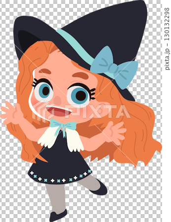 a cute little girl dressed as a witch with orange hair and big eyes smiling in costume illustration perfect for halloween a cute little girl dressed as a witch with orange hair and big eyes smiling in costume illustration perfect for halloween 130132298