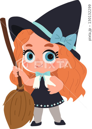 a cute young girl dressed as a halloween witch holding a broom a cute young girl dressed as a halloween witch holding a broom 130132299