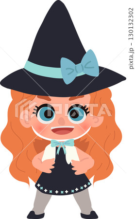 a cute little girl dressed as a witch wearing a big hat and bow perfect for halloween costume illustration 130132302
