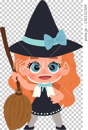 A cute little girl dressed as a witch with a hat and broom, perfect halloween illustration 130132304